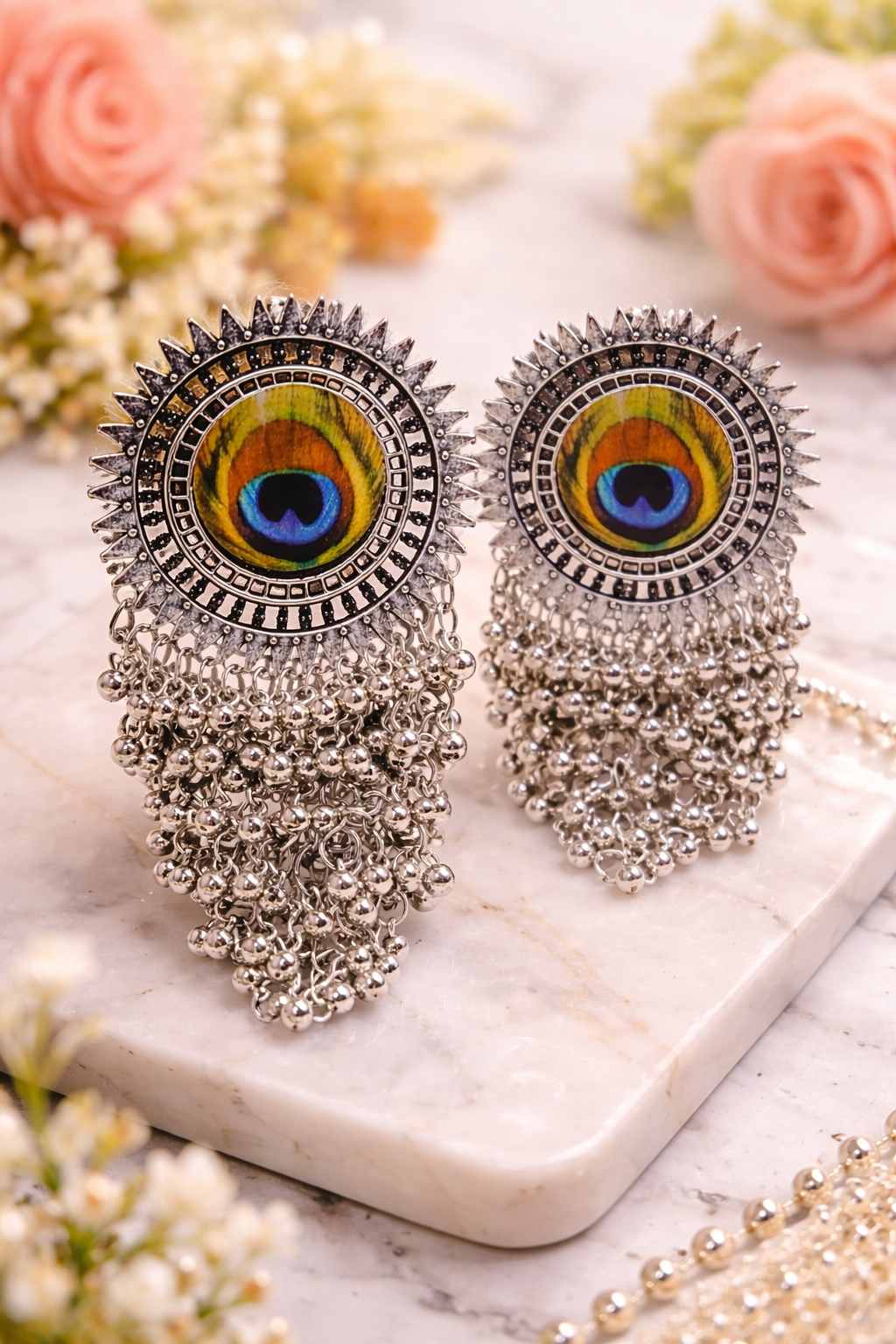 Peacock Radiance Oxidised Statement Earrings