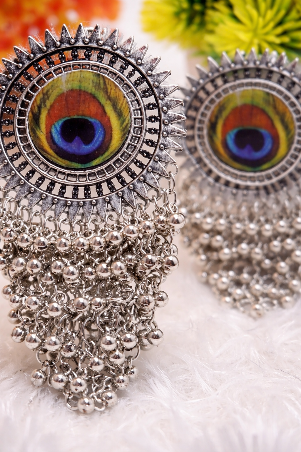Peacock Radiance Oxidised Statement Earrings