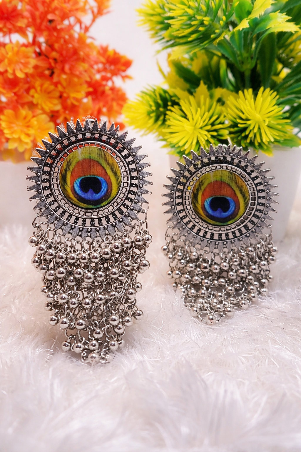Peacock Radiance Oxidised Statement Earrings