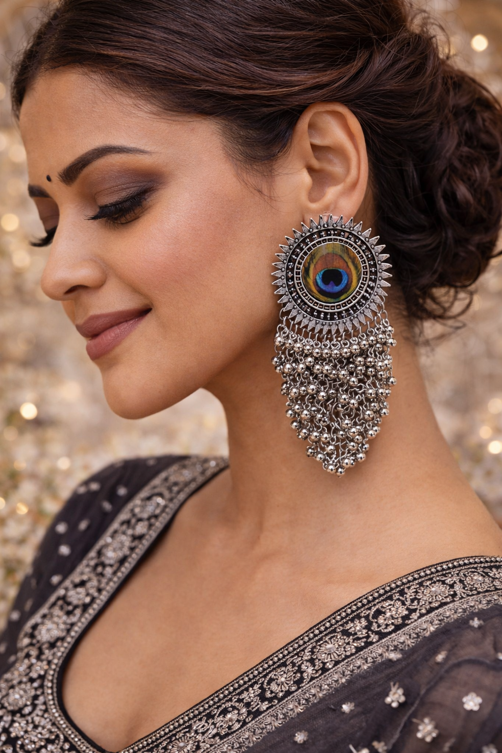 Peacock Radiance Oxidised Statement Earrings