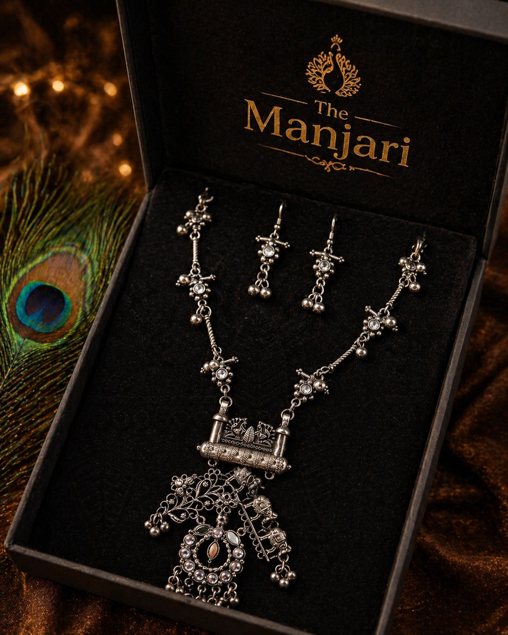 Oxidised Silver Floral Temple Long Necklace Set with Earring