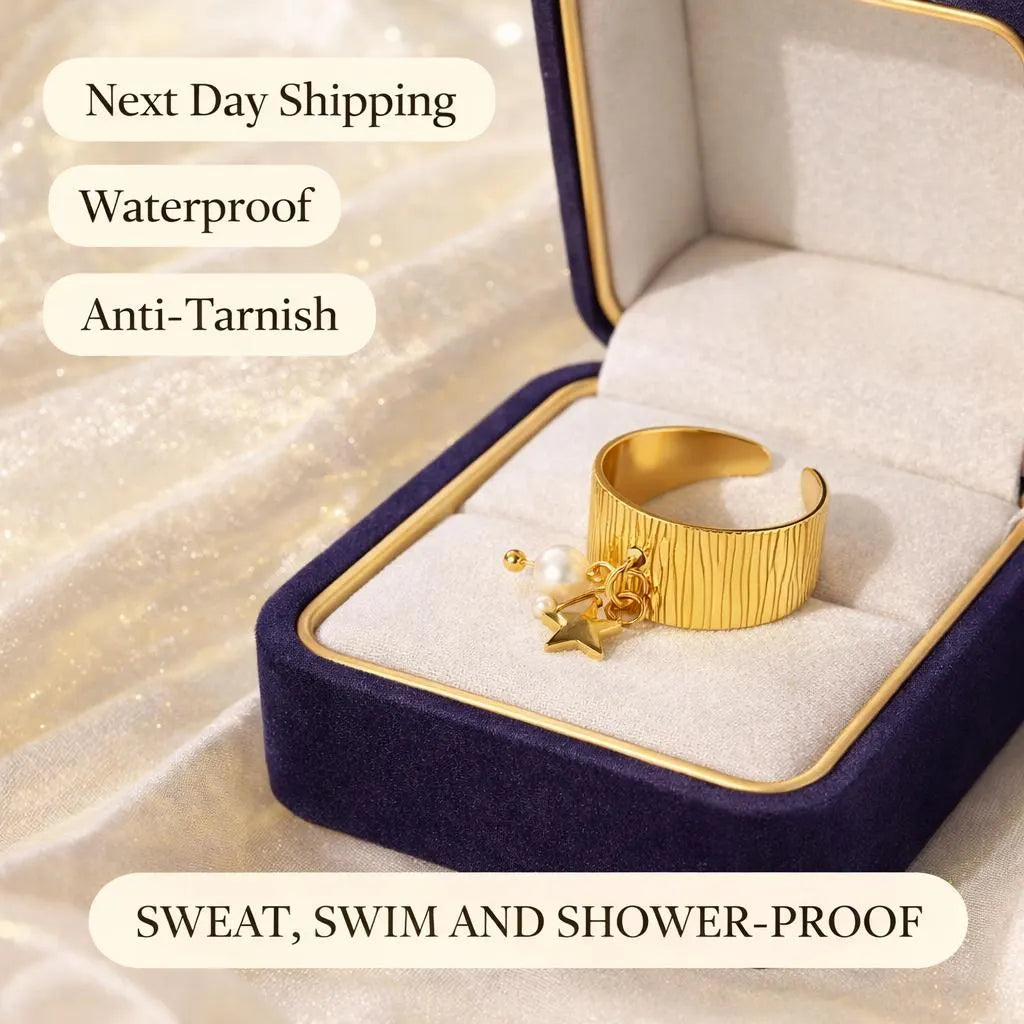 Pearl Heart and Star Charm Adjustable Ring