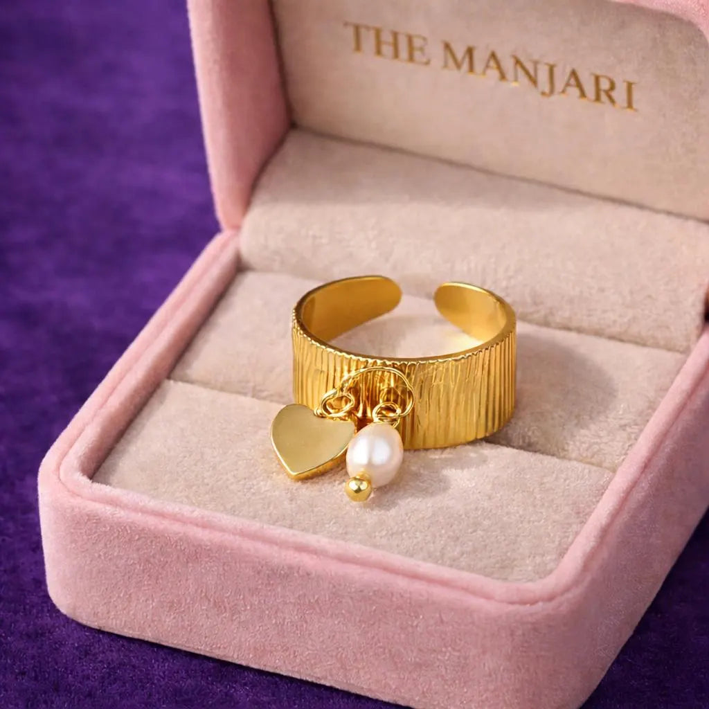 Pearl Heart and Star Charm Adjustable Ring