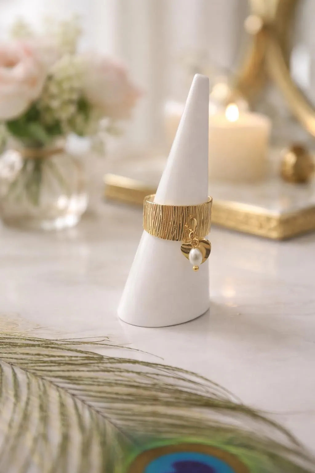 Pearl Heart and Star Charm Adjustable Ring