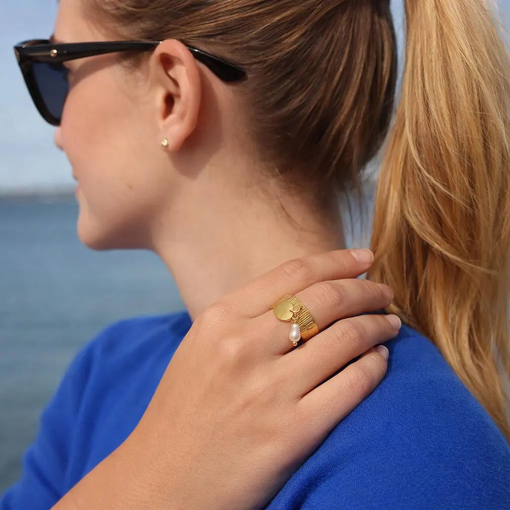 Pearl Heart and Star Charm Adjustable Ring